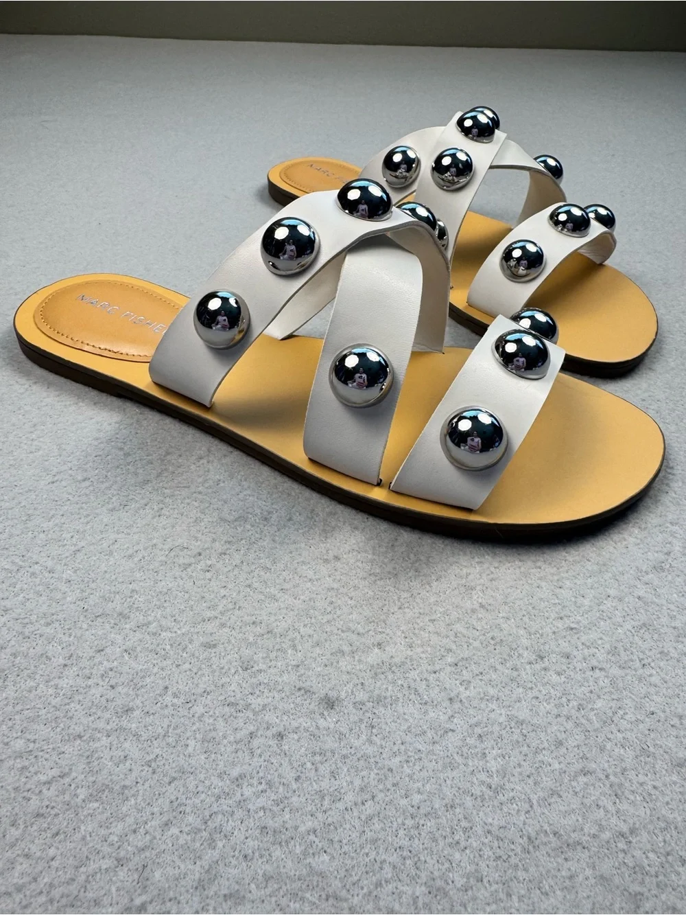 Marc Fisher White Slide Sandals with Metallic Dome Studs